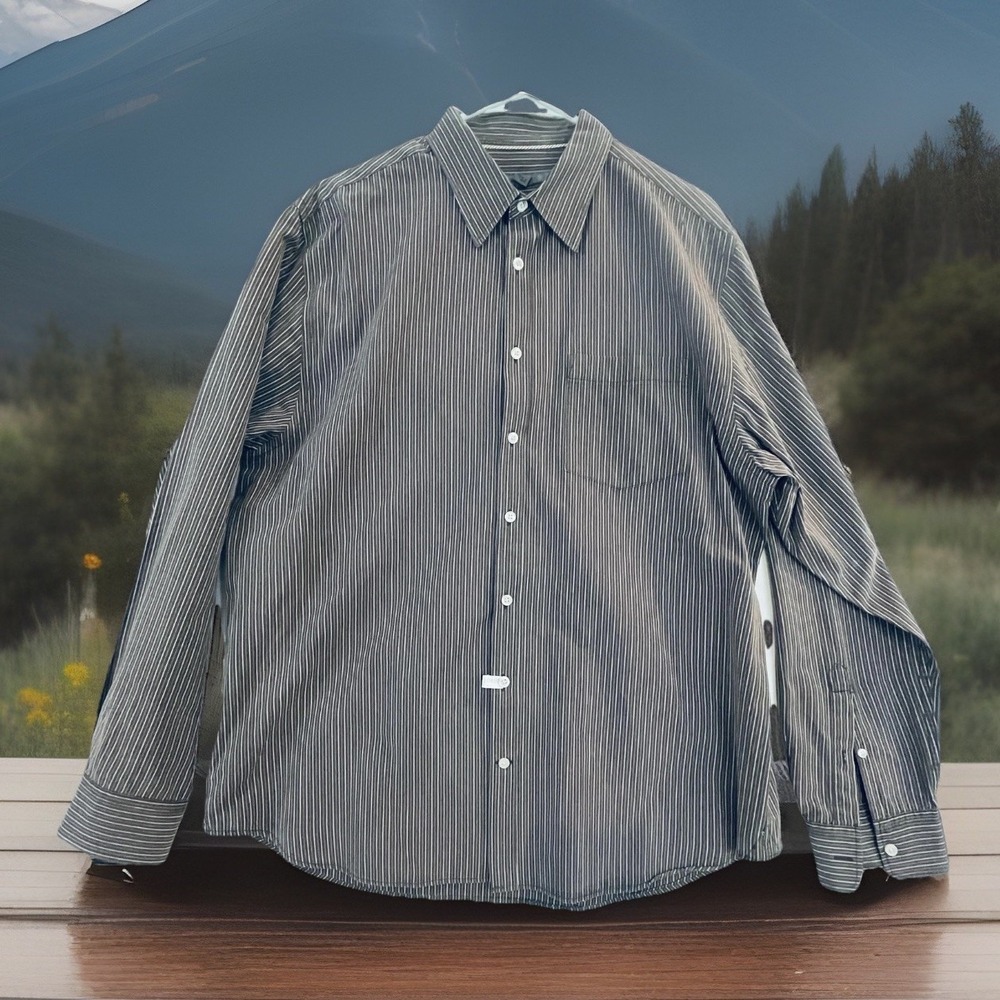 Old Navy Shirt Mens XL Brown Striped Button Up Long Sleeve Cotton Casual Pocket‎
